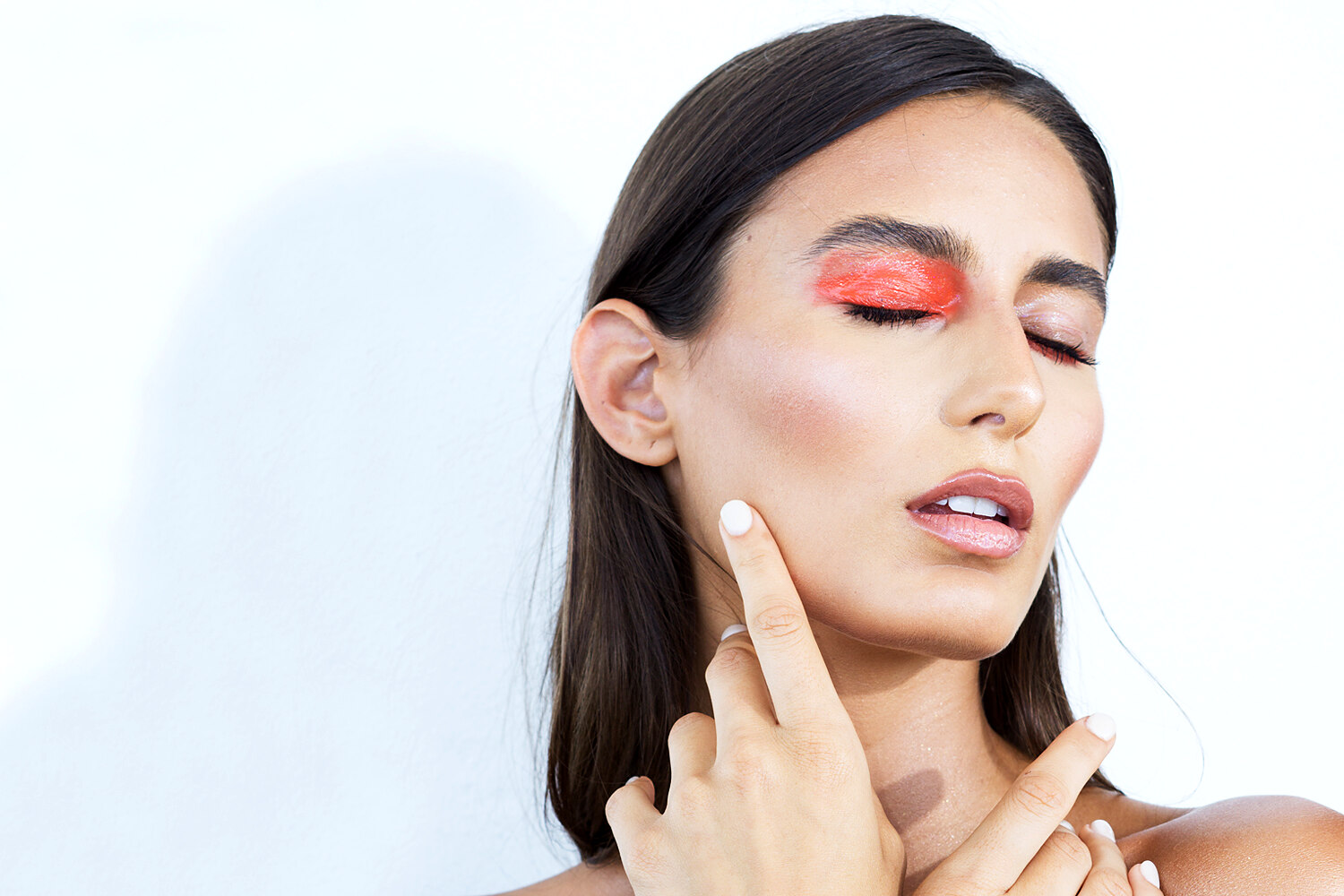 Fabiana Sumoza editorial beauty portrait, soft studio light, bold color eyeshadow